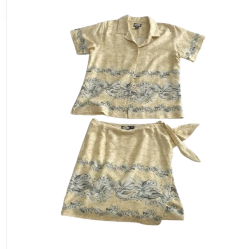 100% silk Tommy Bahama Floral Print Two-Piece Set Yellow Gray Hawaiian 100% silk - Picture 2 of 13